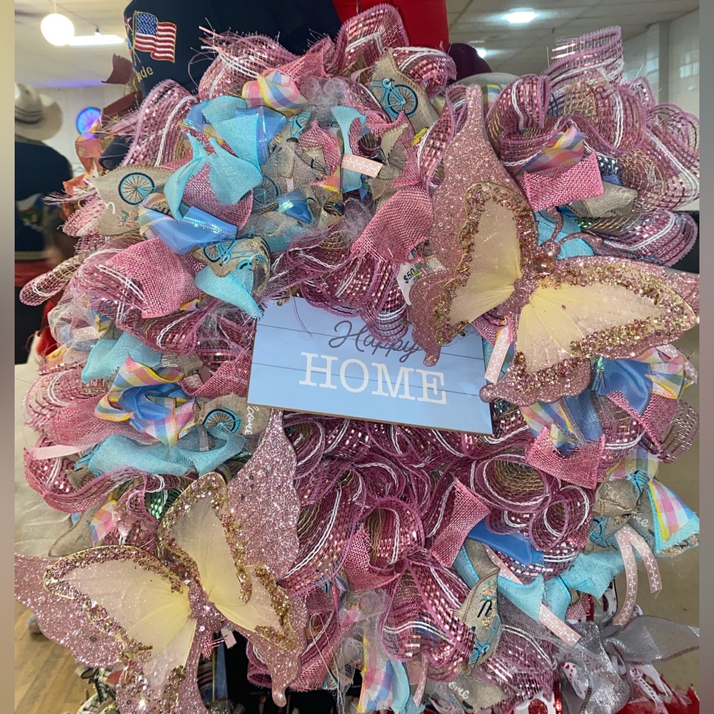 Pink Glitter Butterfly Wreath - Happy Home